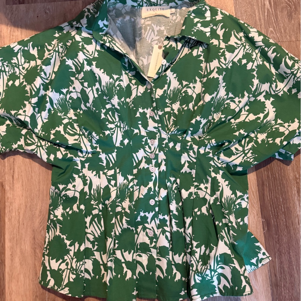 Anthropologie Green and White Patterned Blouse